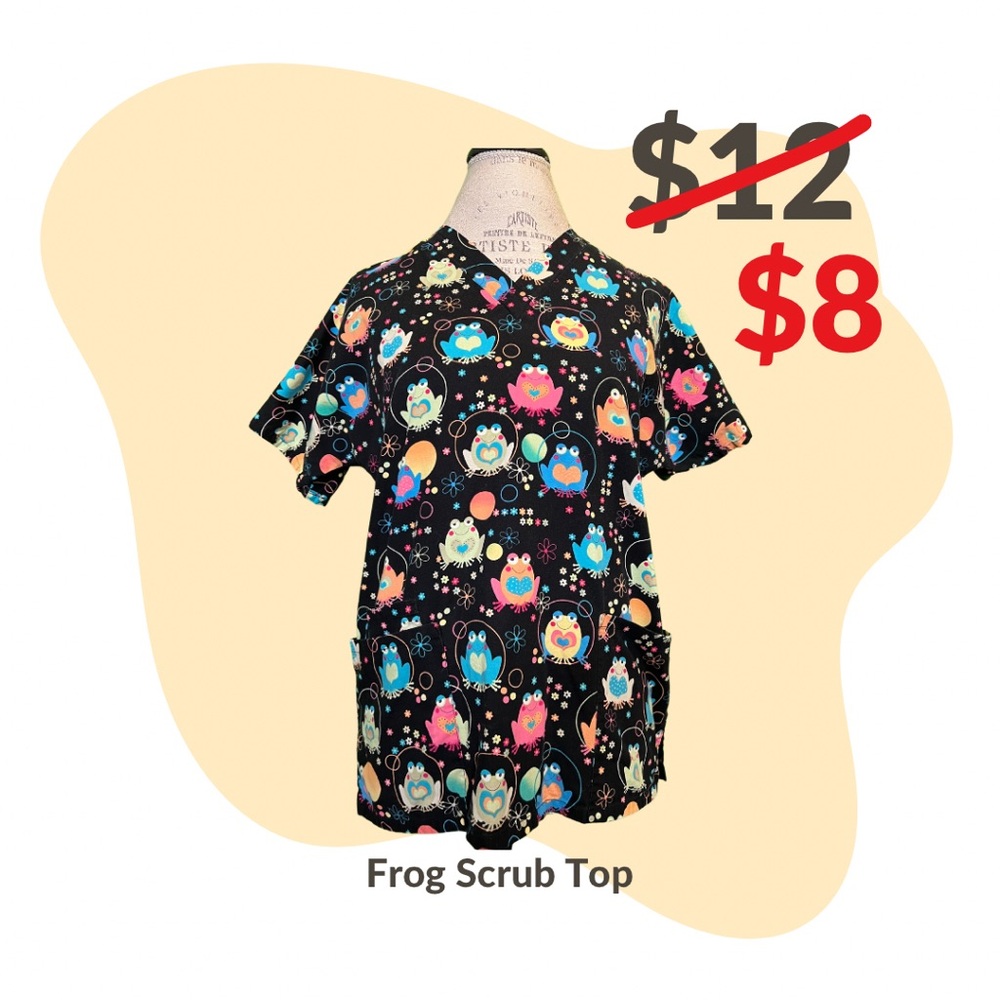 Scrub H.Q. Women's Black Scrub Top with Colorful Frogs Size M